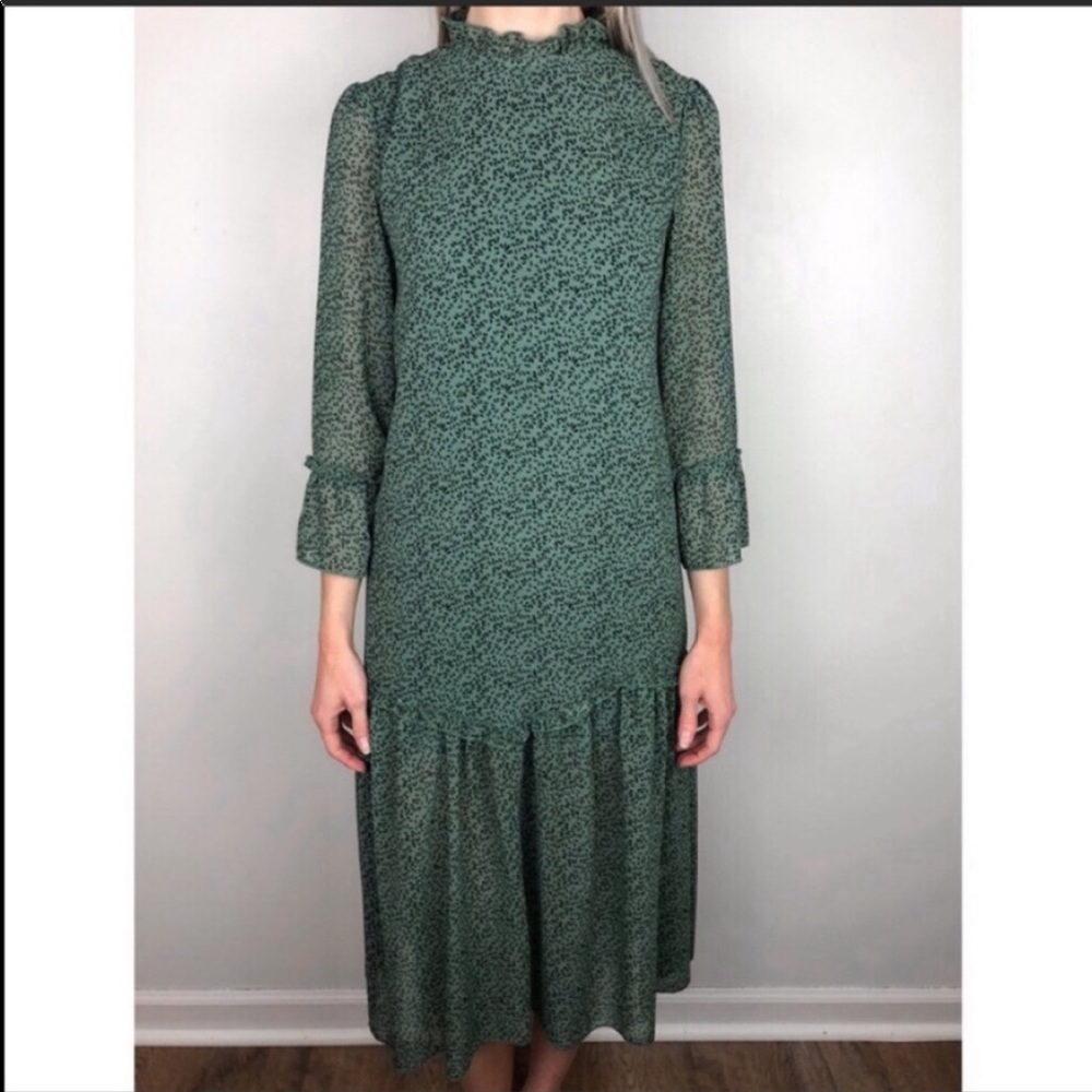 Muted Green Drop Waist Floral Midi Dress